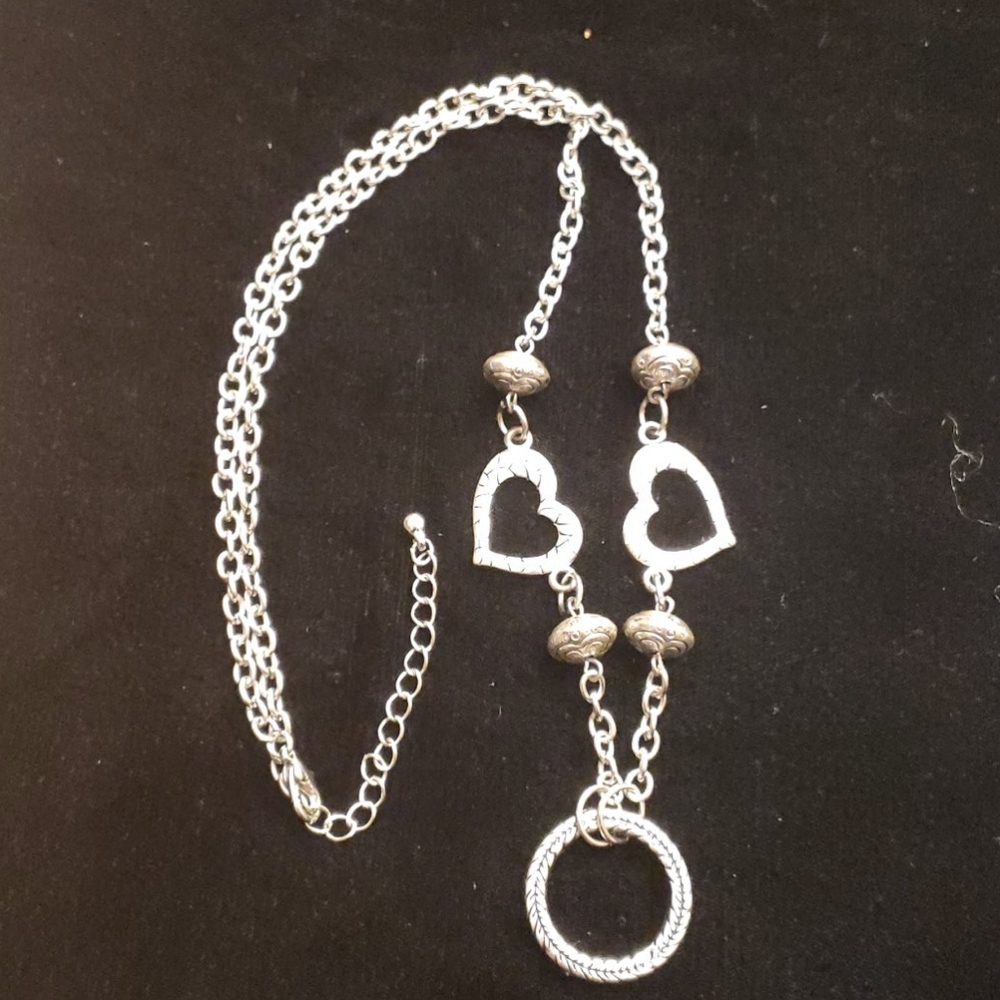 Double heart and feather halo,  silver necklace